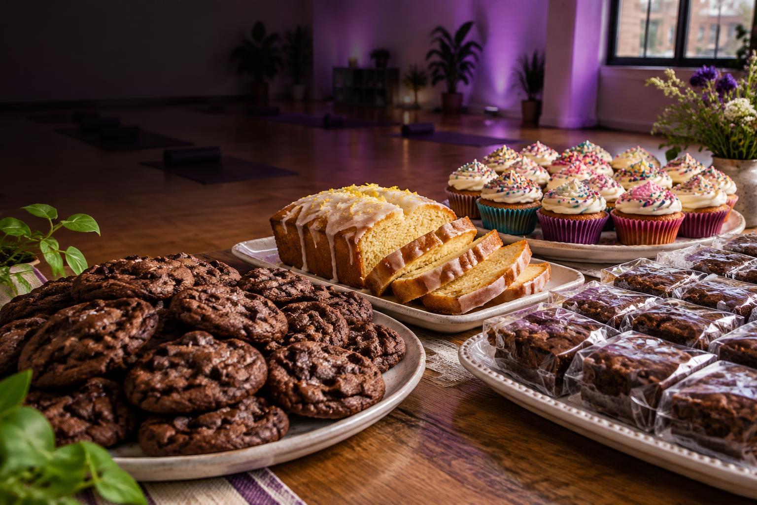 Illustrative bake-sale spread of cookies, cupcakes, lemon loaf and wrapped brownies