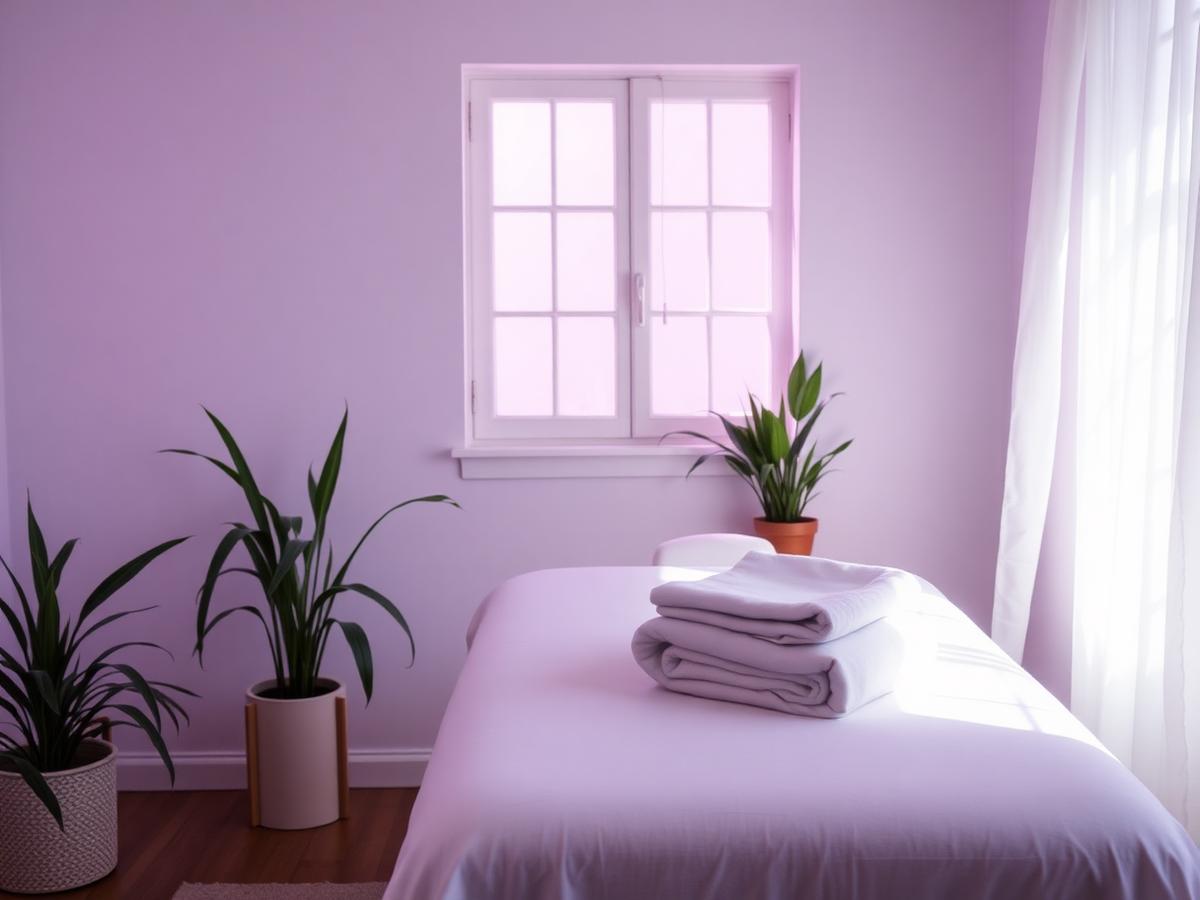 A calm massage studio with folded linens and plants in soft violet light