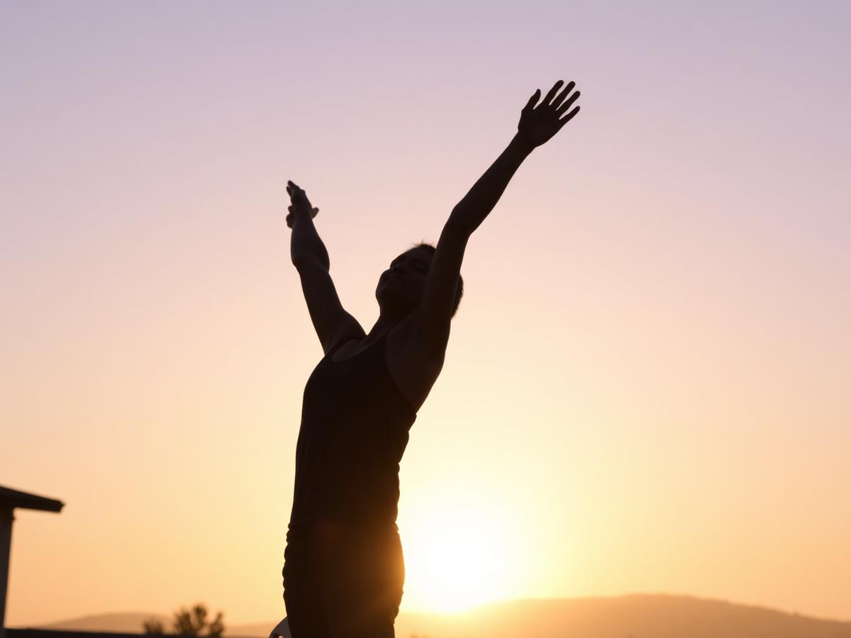 A person reaching skyward in a sunrise yoga practice